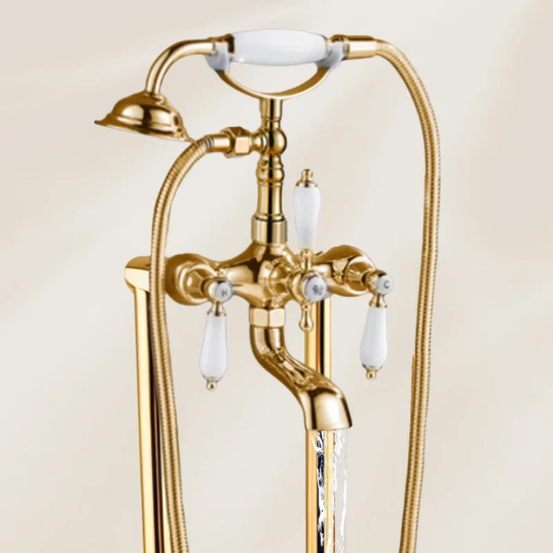 Gold Telephone Style Bathtub Faucet Copper Floor Standing Basthtub Mixer Chrome Bath tub Faucet Mixer Bathtub Basin Water Tap