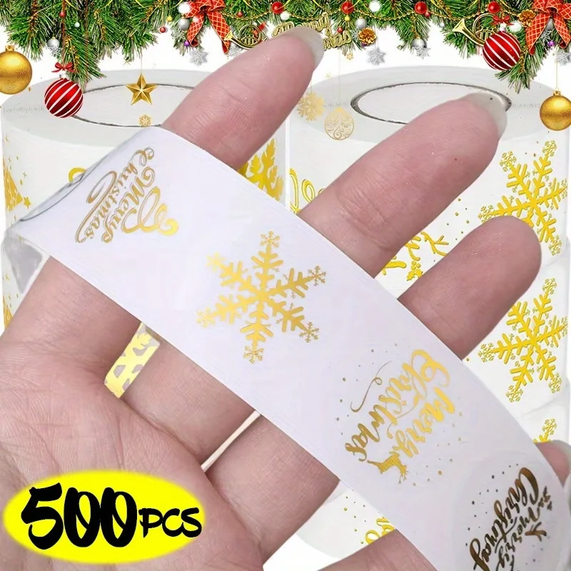 500 قطعة/لفة من ملصقات رقائق الذهب لعيد الميلاد - أختام ندفة الثلج لصندوق الهدايا
