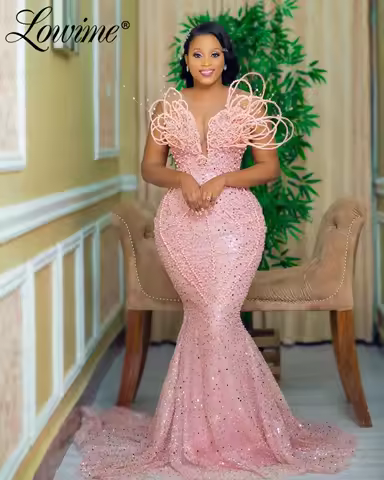2023 Haute Couture African Women Plus Size Pink Party Dresses Mermaid Long Wedding Prom Dress Abendkleider Arabic Evening Dress