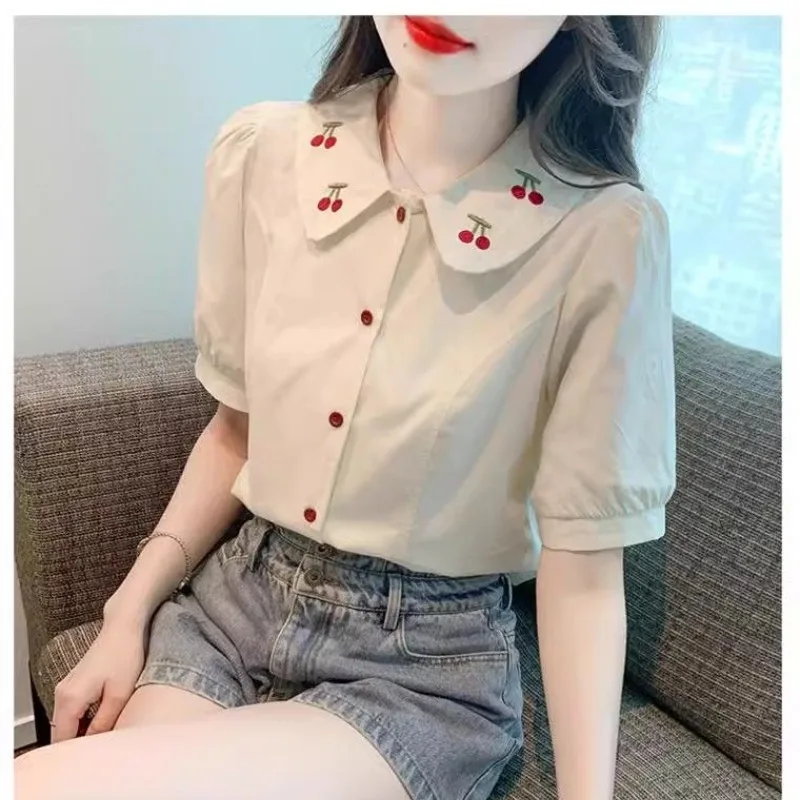 2024 Summer New Preppy Style Fashion Blouses Embroidered Sweet Peter Pan Collar Single-breasted Loose Short Sleeve Women\'s Shirt