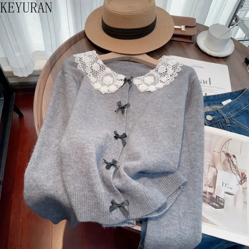 Sweet Lace Peter Pan Collar Bow Tie Sweater Coat Women 2024 Autumn Winter Gentle Style Long Sleeve Knitted Cardigan Mujer Tops