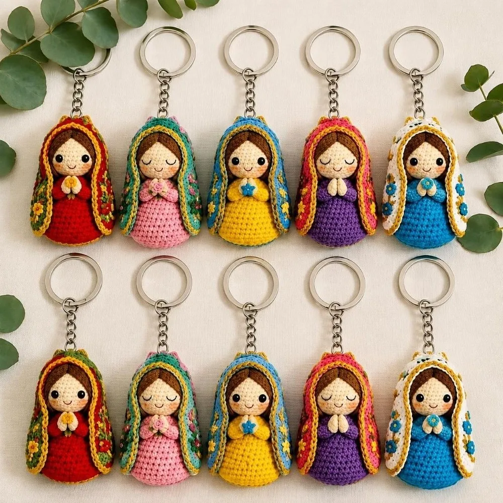 10pcs/set Crochet Style Virgin Mary Keychain Set Knitted Doll Figurine Pendant 2D Flat Acrylic Keychains Religious Kids Gift