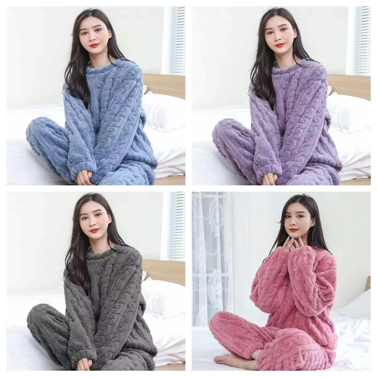 Autumn And Winter New Warm Flannel Women\'s Pajamas Set With Sleeves And Trousers Two-Piece Homewear Set