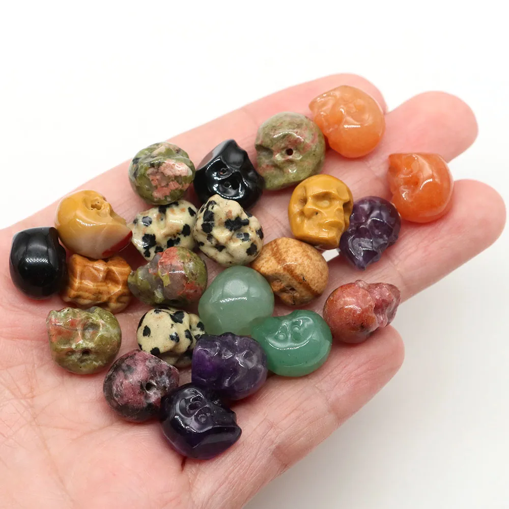 Natural Stones Carved Skull Pendant Healing Crystal Halloween Loose Spacer Bead Jewelry Making Bracelet Necklace DIY Accessories