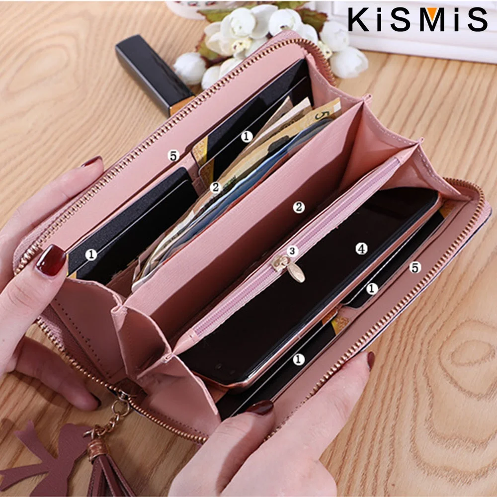 KISMIS New Long Women's Zipper Wallet - Korean Splicing, Color Contrast, Tassel, and Rivet Details