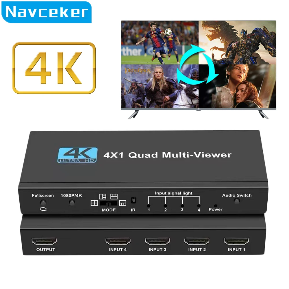 

4K HDMI-compatible Multiviewer 4x1 1080P Quad Screen Multi Viewer HDMI Multi-Viewer Splitter Seamless Switcher with IR for PC