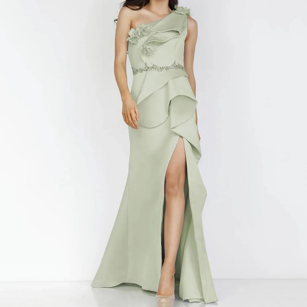 Suknie wieczorowe damskie w stylu syreny, do ziemi, na jedno ramię, bez rękawów, suknie balowe, modne kwiaty, cekiny, drapowane, szyte na miarę.