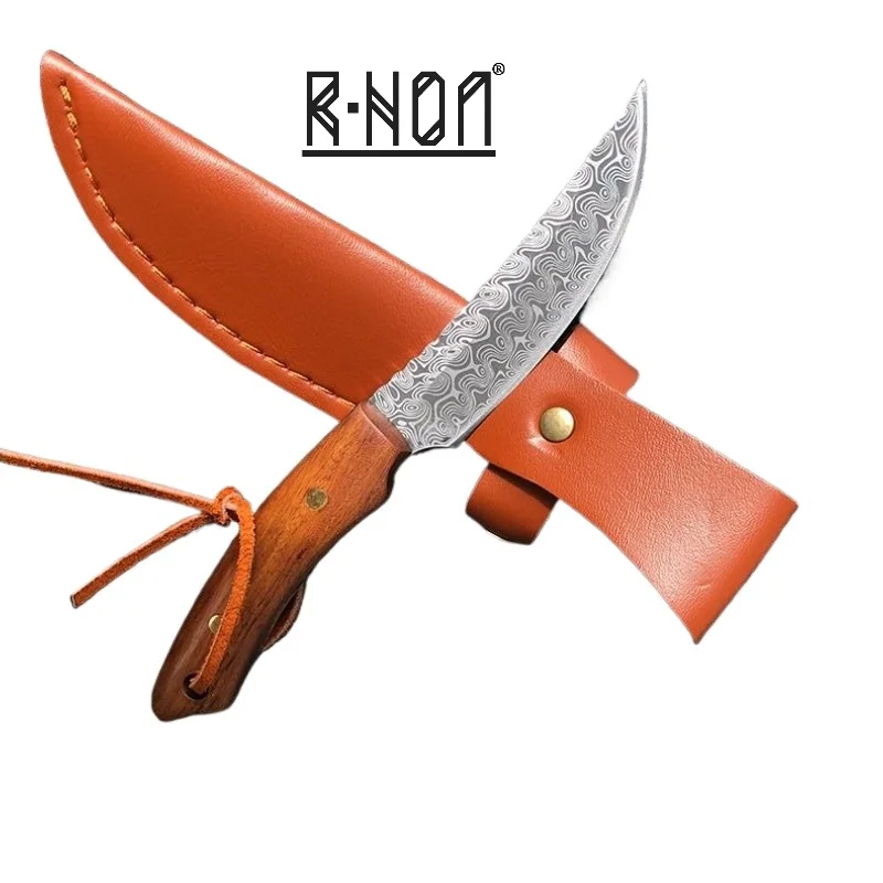 

RHON 3.5inch Fixed Blade Knife S/S4Cr13 Etching Damascus Wooden Handle Outdoor Hunting Slicing Straight BBQ Handheld Meat Knives