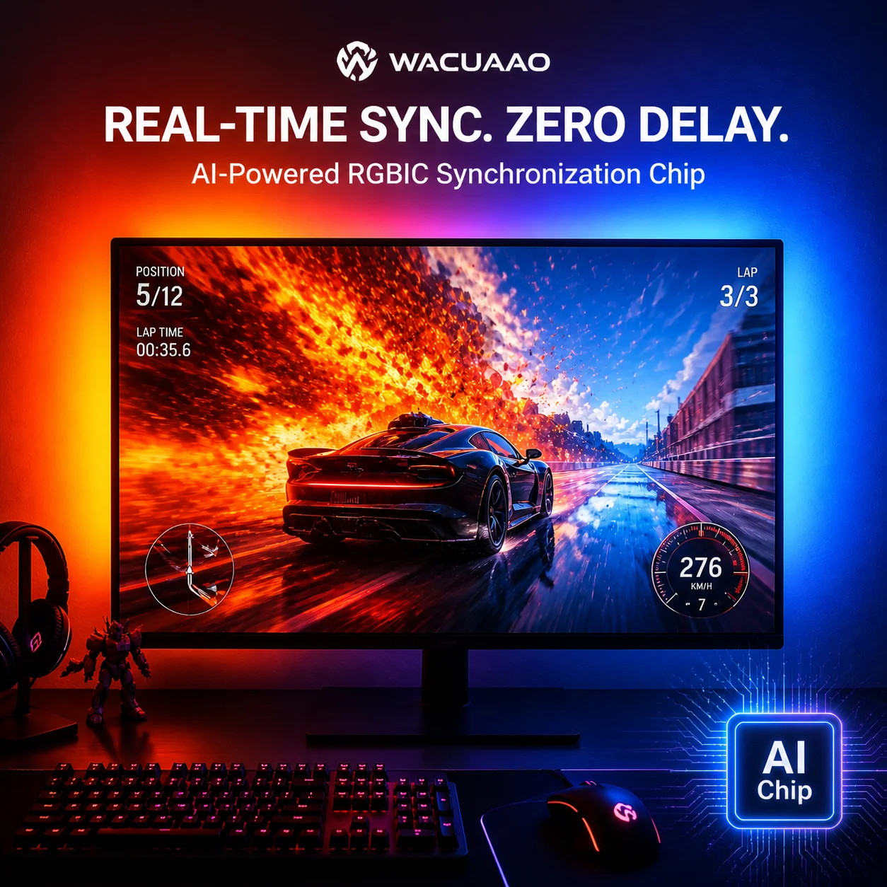 WACUAAO 360° 4-Side PC Monitor Backlight - RGBIC Screen Mirror Sync & Music Rhythm LED Strip - Zero Lag Reactive Gaming Lights