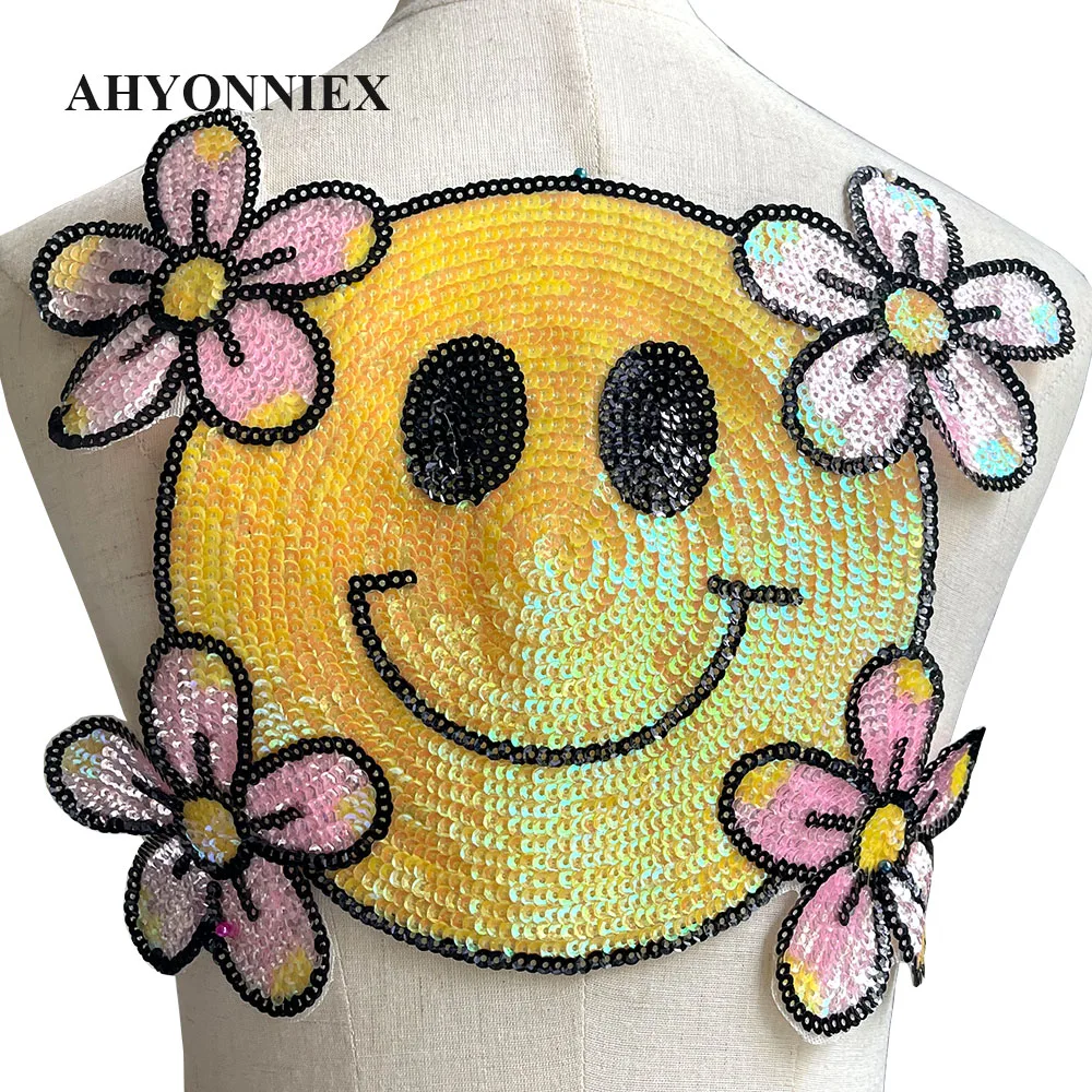 24CM X 28CM Yellow Smile Face Embroidery Patch Sequin Sticker Parches For Clothing Appliques Sew On Patches