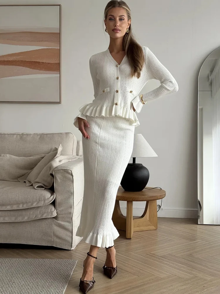 

Tuularose Women Knit Dress Set Fashion Ruffled Metal Buckle Cardigan Elegant Skirt Set Luxurious Vintage Female Party Dress Set