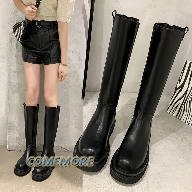 Fashion Woman's Platform Zipper Spring Autumn PU Leather Non-slip Knee High Luxury Designer Casual Women Chunky Long Black Boots