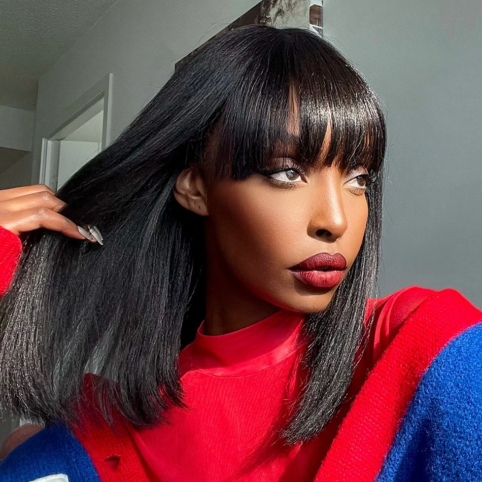 Wiggogo 3X1 Middle Part Lace Wig Bob Wigs Full Machine Made Bone Straight Human Hair Wigs With Bangs Short Bob Human Hair Wigs