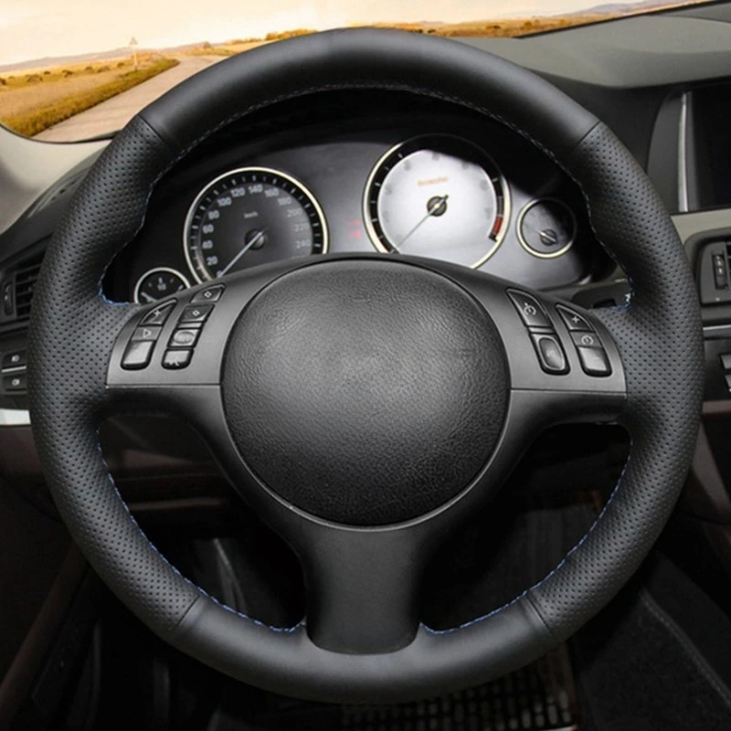 Black Genuine Leather Suede DIY Hand-Stitched Car Steering Wheel Cover For BMW M Sport E46 330i 330Ci E39 540i 525i 530i M3 E46