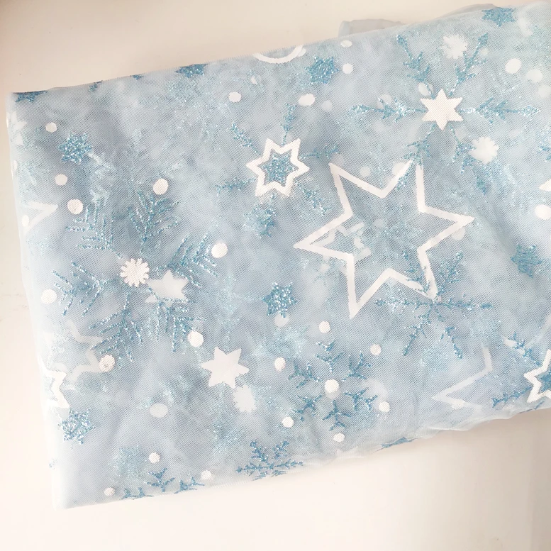 Light blue mesh snowflake five-pointed star bronzing fabric DIY hand-decorated dust-proof women\'s skirt doll clothing