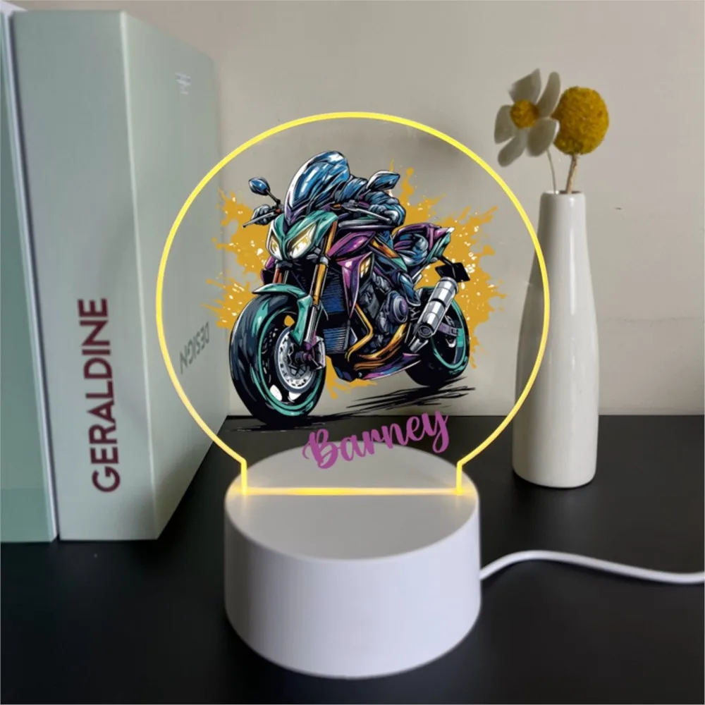 Gepersonaliseerde naam motorfiets afgeronde acrylverlichting voor kinderen tafeldecoratie biker visuele lamp cadeau voor Kerstmis