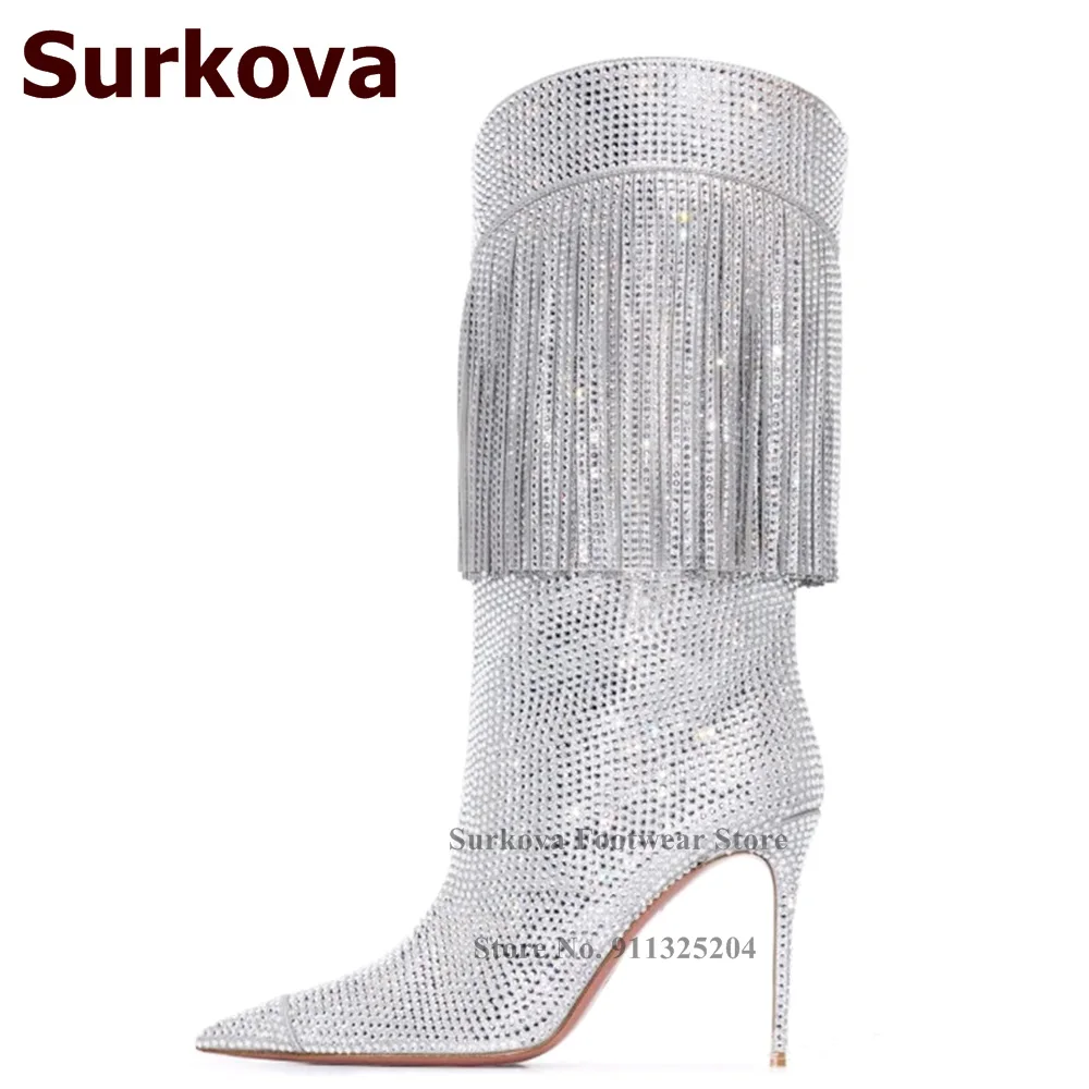 Surkova Silver Full Crystal Stiletto Heel Fringe Mid-calf Boots Pointed Toe Bling Bling Rhinestone Tassel Dress Shoes Sparkly