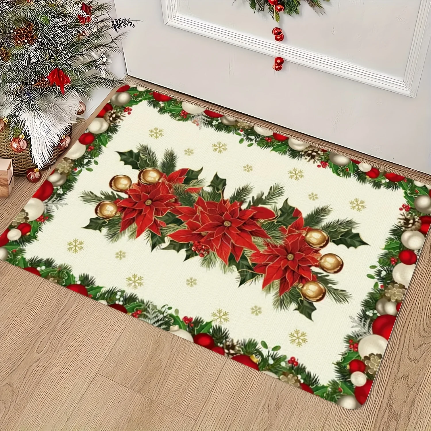 Christmas Poinsettia Holly Print Door Mat Winter Xmas Ball Snowflake Rug Bedroom Kitchen Non-slip Floor Mat Christmas Decoration