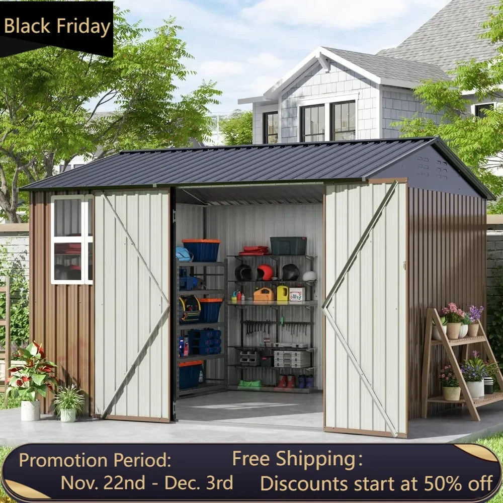 10x10 feet outdoor storage shed, updated frame structure and lockable doors, backyard garden terrace lawn garden shed, brown