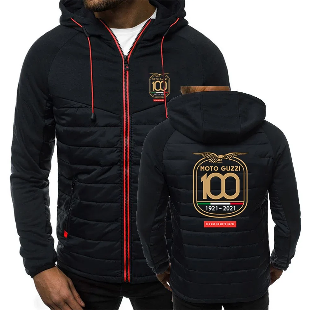 

Moto Guzzi 90 Motorcycle Men's Autumn And Winter Color Matching Zipper Hooded Cotton Padded Jacket Long Sleeve Coat Slim Outwear