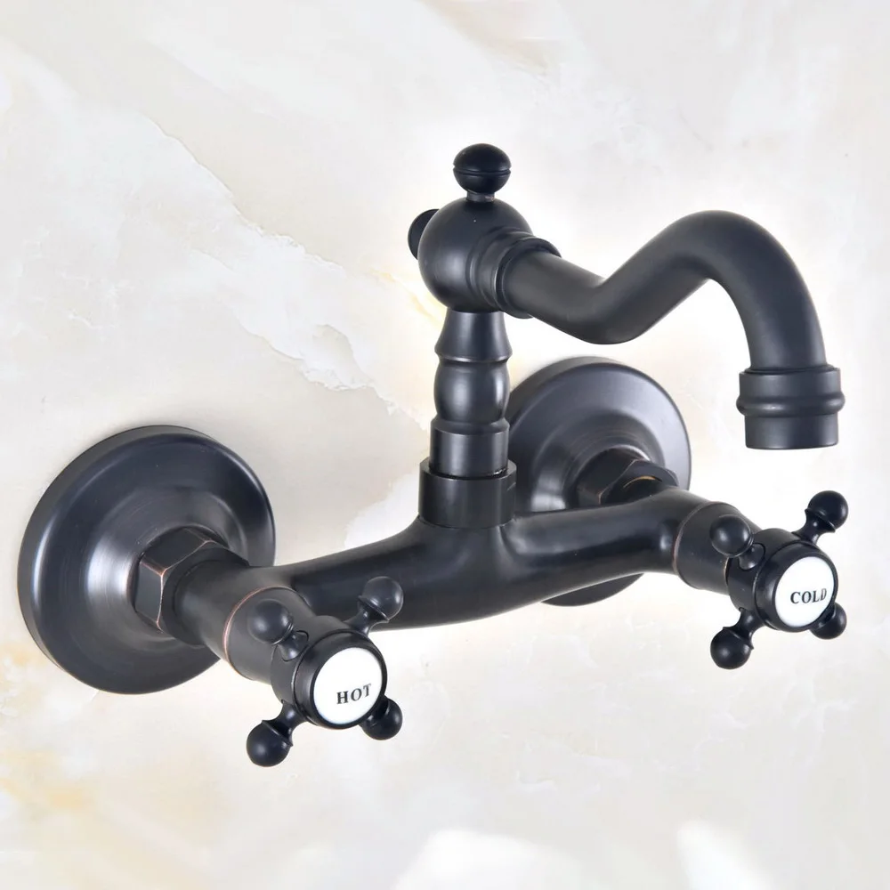 

Black Oil Rubbed Brass Two Handles Wall Mounted Kitchen Bathroom Swivel Spout Faucet Mixer Tap anf458