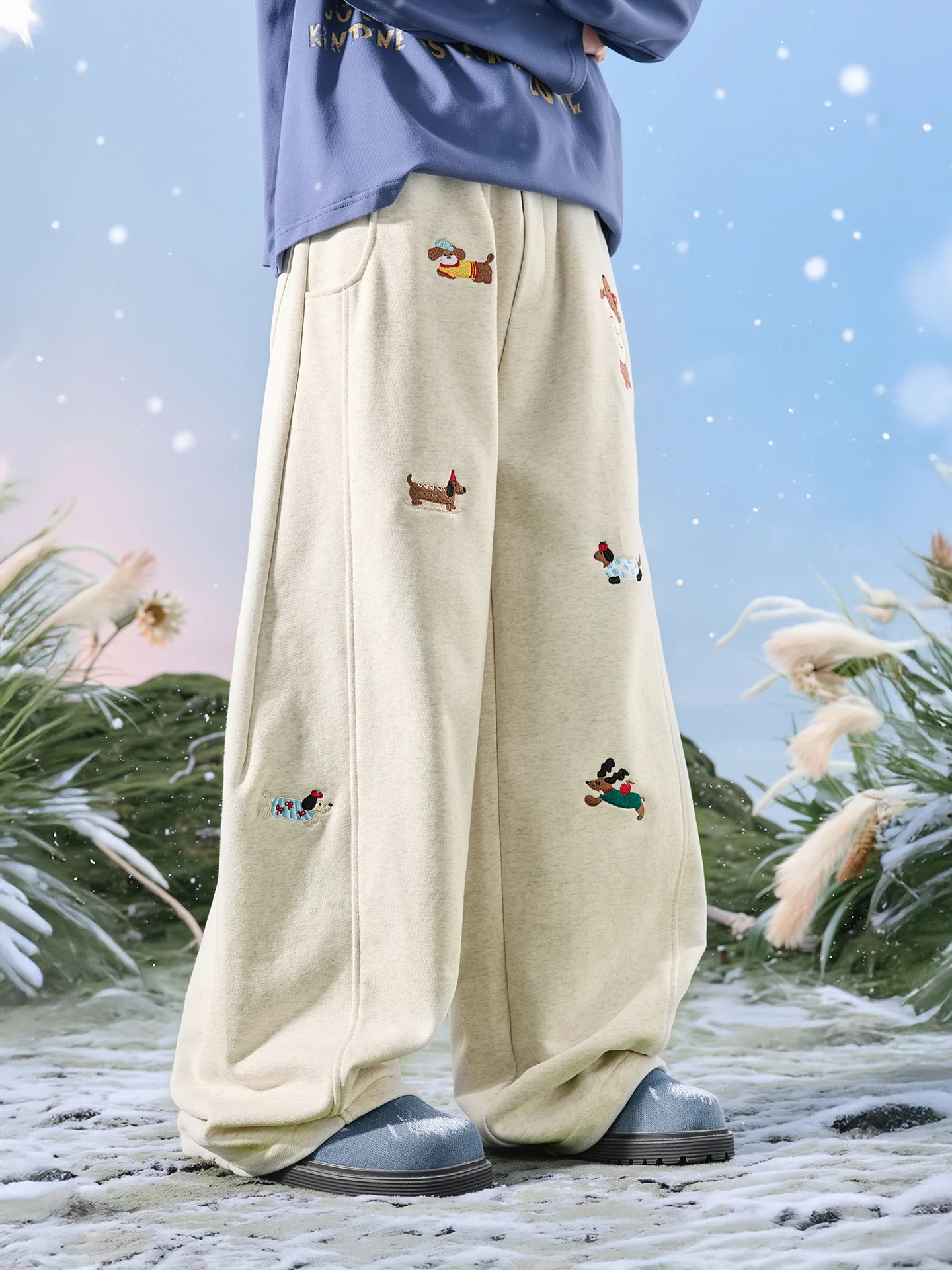 

Мужские свободные брюки Nuthink American Sle Trendy Brand с вышивкой таксы, на флисовой подкладке, широкие штанины, весна 2026