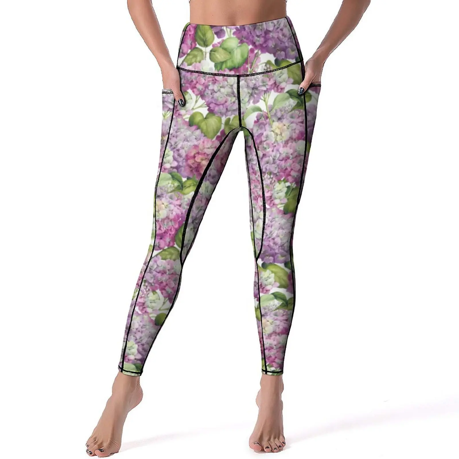 Hydrangea Floral Quality Yoga Pants Pink Lavender Print Leggings High Waist Workout Leggins Lady Funny Elastic Sport Legging