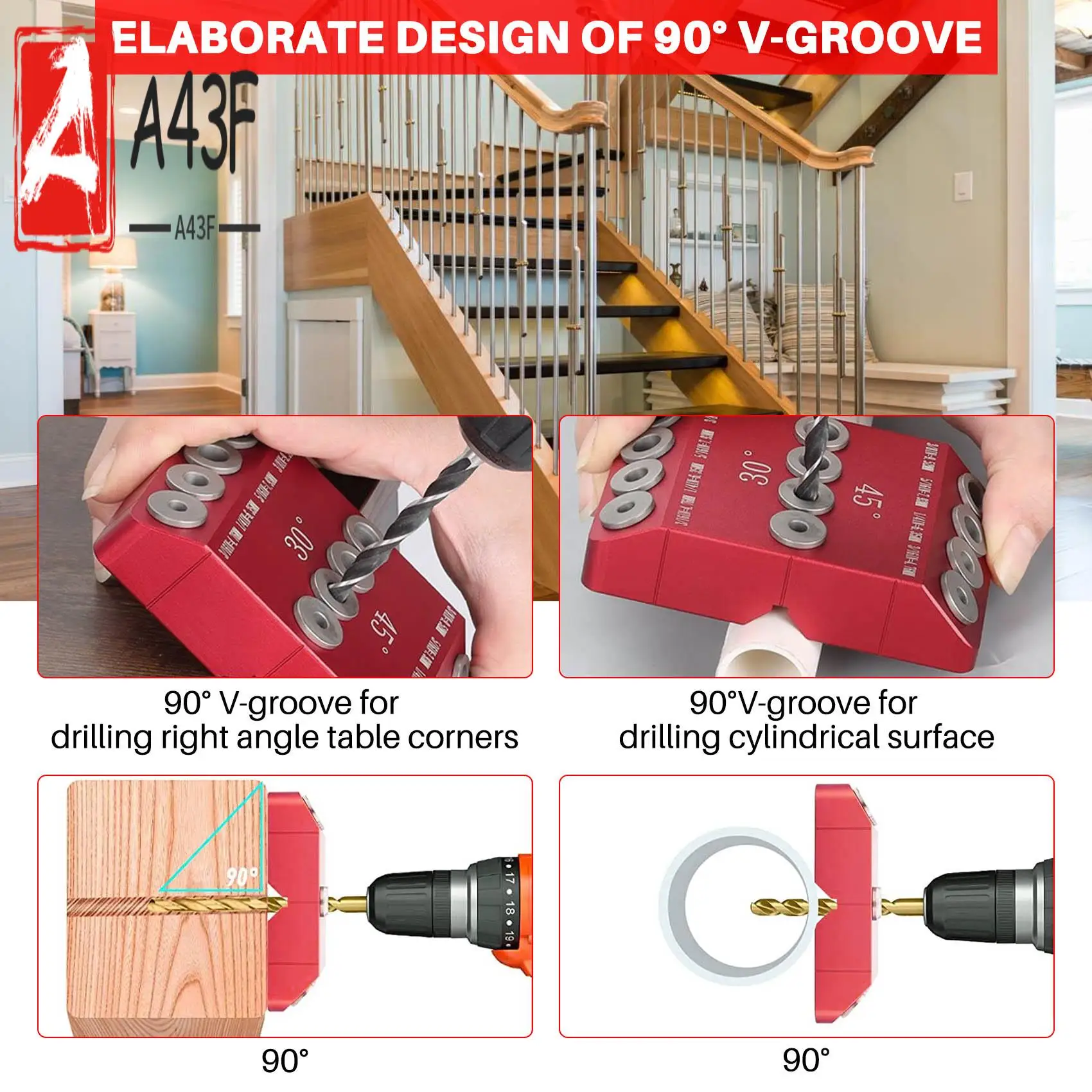 

A43F-30/45/90 ° Приспособление для направляющих отверстий для угловых и прямых отверстий, шаблон для сверления винтов с отправкой для кабельных перил