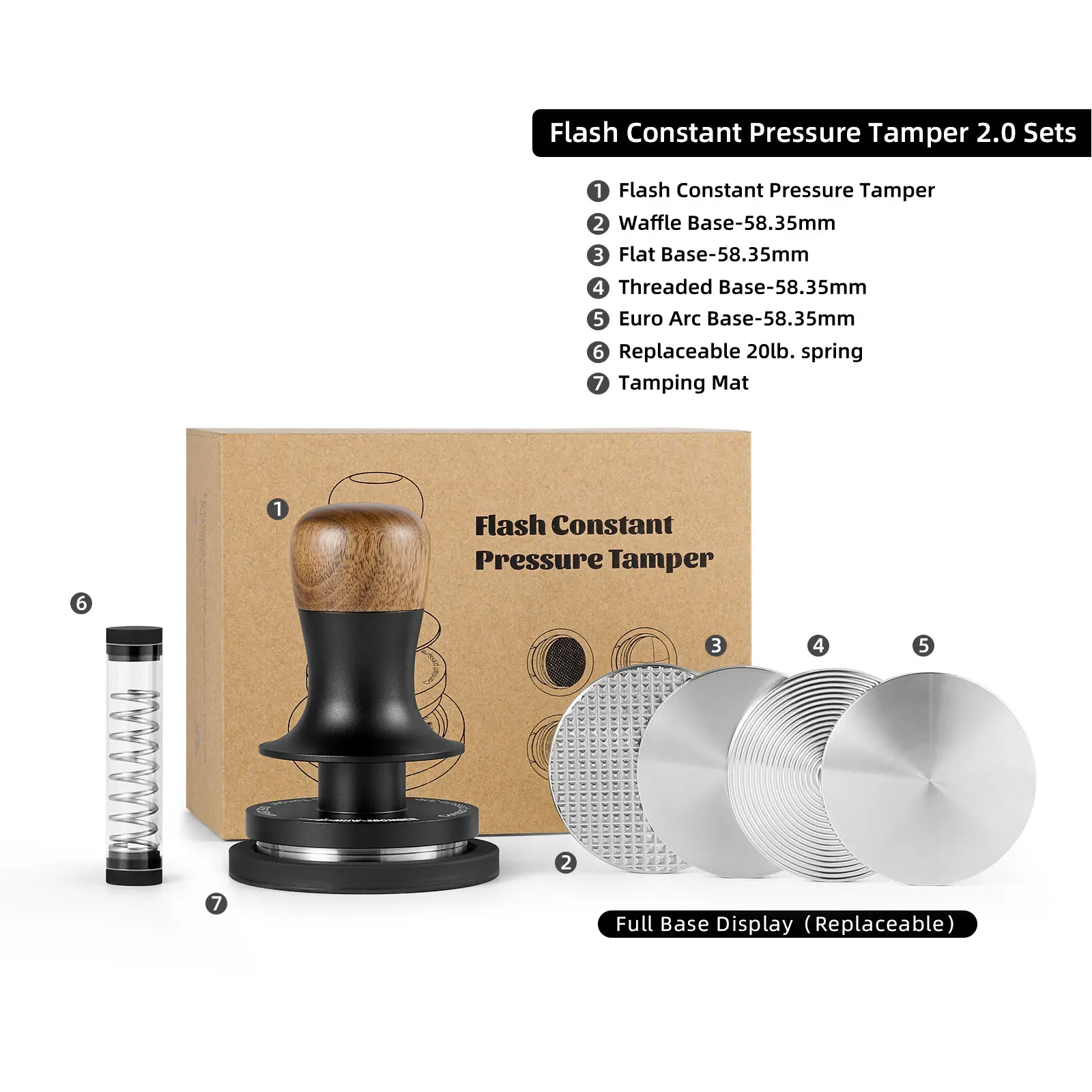 

30LBS Constant Pressure Coffee Tamper with 4 Replaceable Base 58.35mm Espresso Tampers Barista Tools Cafe Accessories