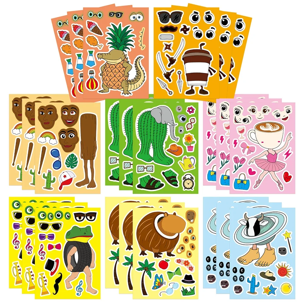 8/16Sheets Abstract Animal Make a Face Puzzle Stickers Tung Tung Sahur Italian Brainrot Animals Decal Assemble Jigsaw Kid Toys