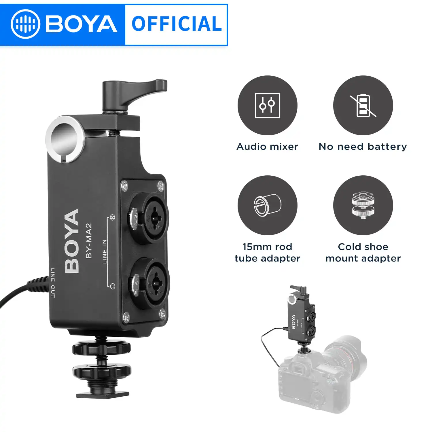 

Boya BY-MA2 Dual-Channel Record Audio Mixer XLR Jack 6.5mm to 3.5mm Wireless Microphone System for DSLR Camera Canon Nikon Sony