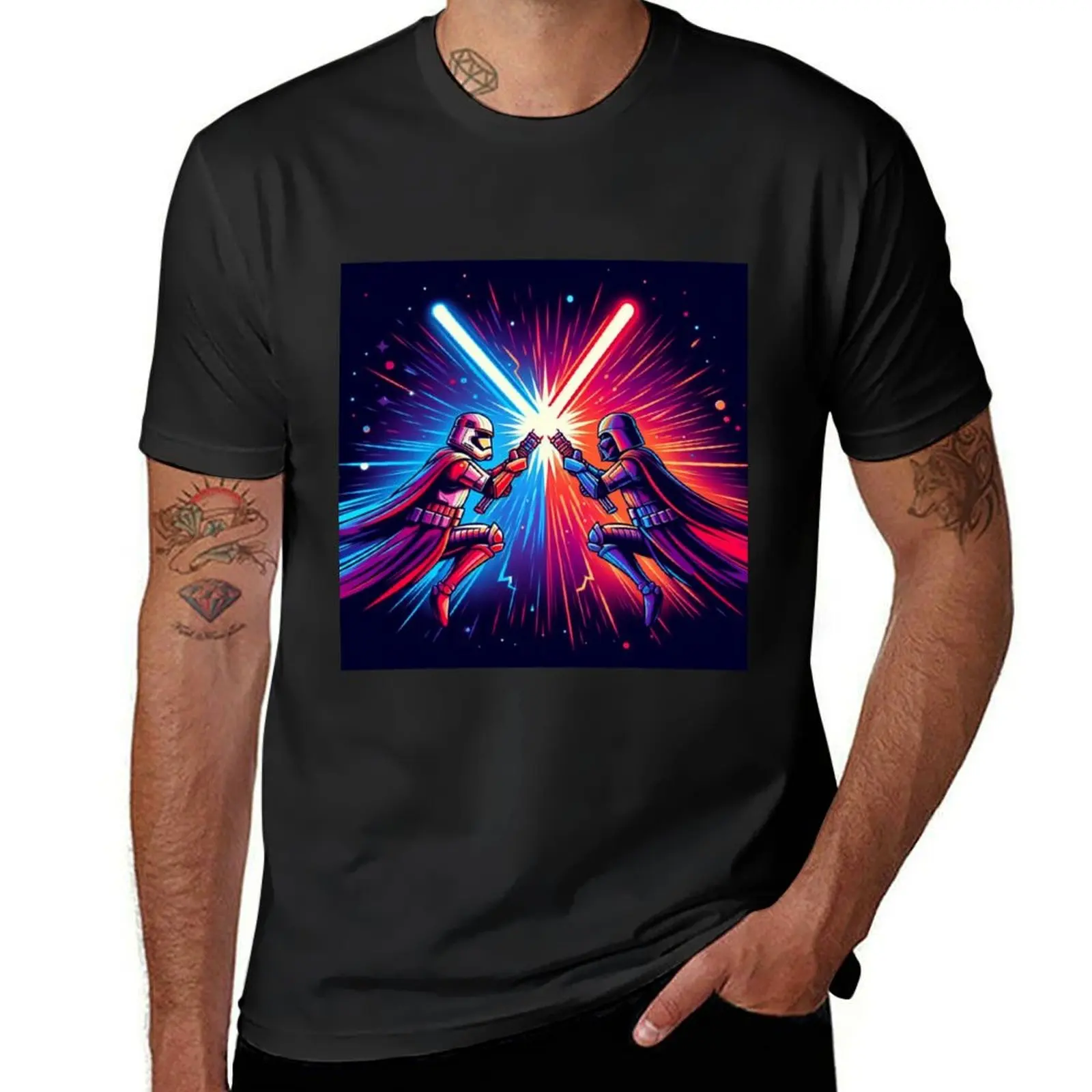 Lightsaber Clash: Two lightsabers clashing in vibrant colors against a dark background. T-Shirt Blouse customs men clothing