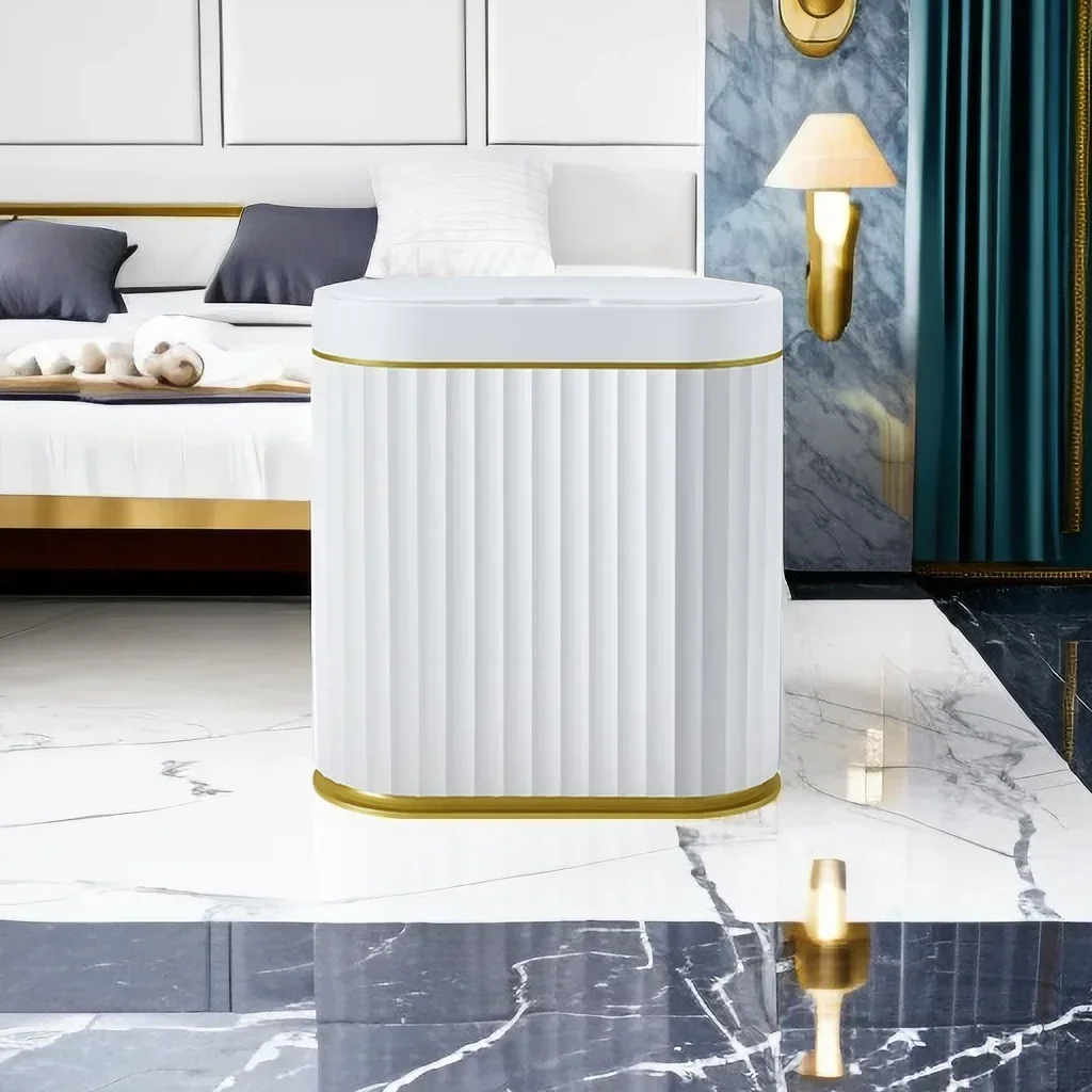 2025 New 5/7/9/12/15L White Gold Roman Stripes Waste Bins Mute Intelligent Induction Smart Trash Can Automatic Home Garbage Bin