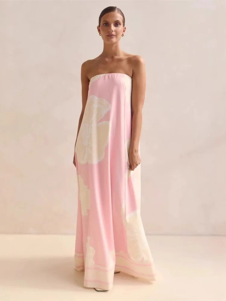 

Sexy Chest-covered Off-the-shoulder Printed Dress Women's Simple And Elegant Sleeveless High-waisted Loose Casual Long Skirt