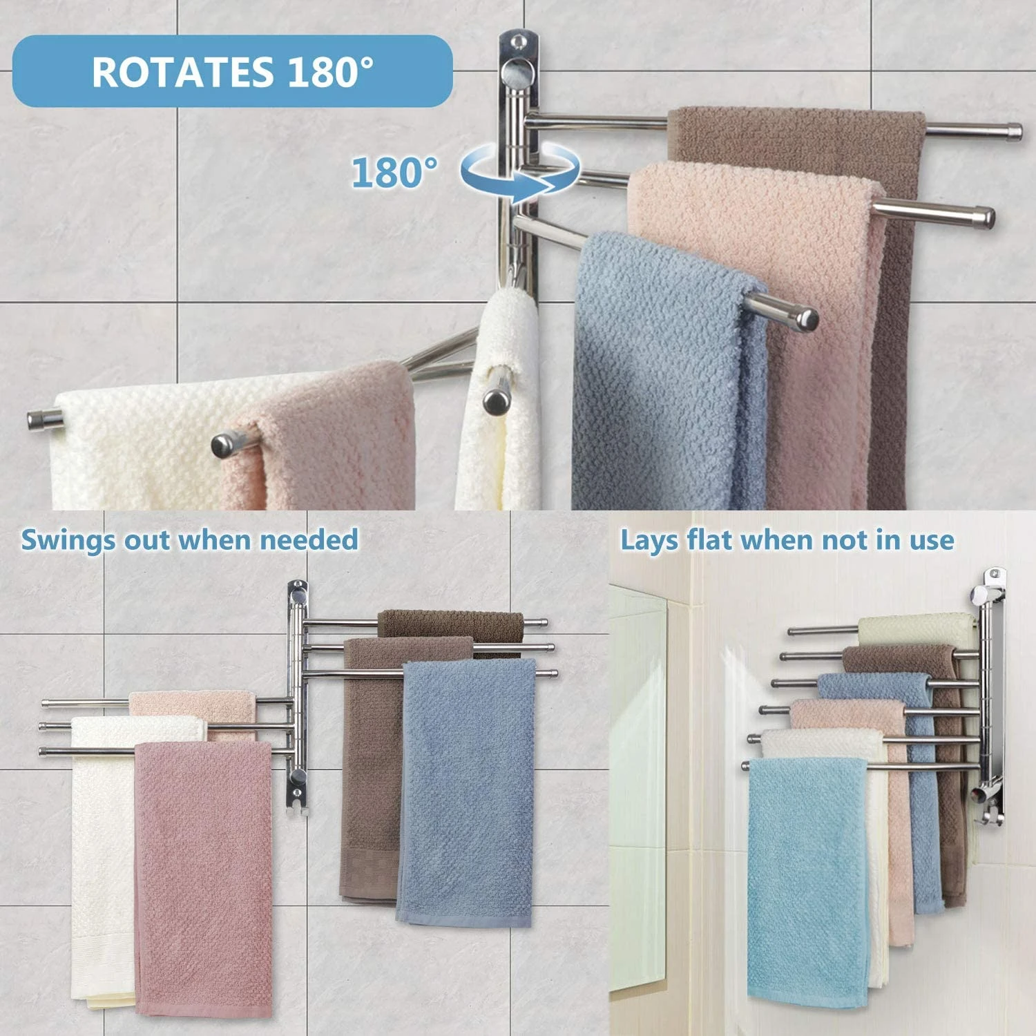 Swivel Towel Racks 180 Degrees Rotation Rack Towel Bar Stainless Steel Bath Towel Holder Wall Mounted 3-6 Arms for Bathroom