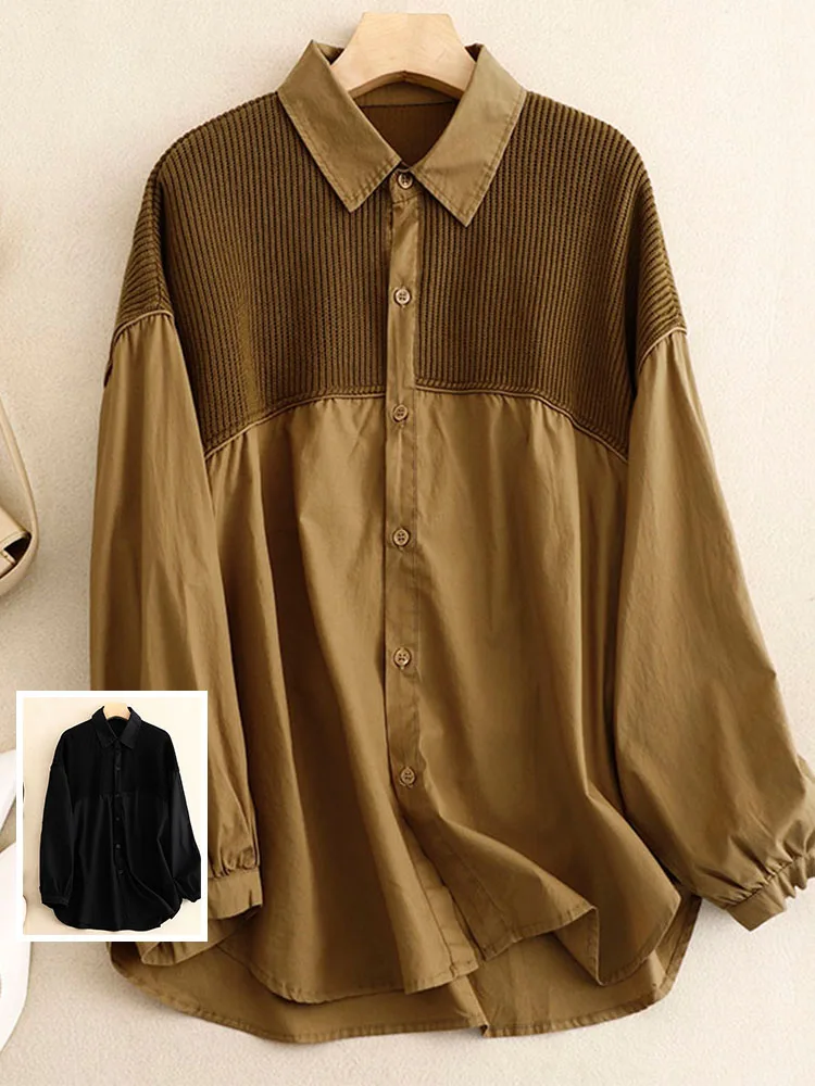 Spring 2024 Faion Knitted Patchwork Long Sve  Collar Casual Outerwear for plus Size Women Comfortable Cotton irt