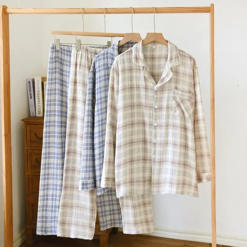 

Couple Cotton Soft Pijamas De Hombre Sleepwear Men Cotton Plaid Top Pant Long Sleeve Loungewear Pyjamas Home Clothes Nightwear