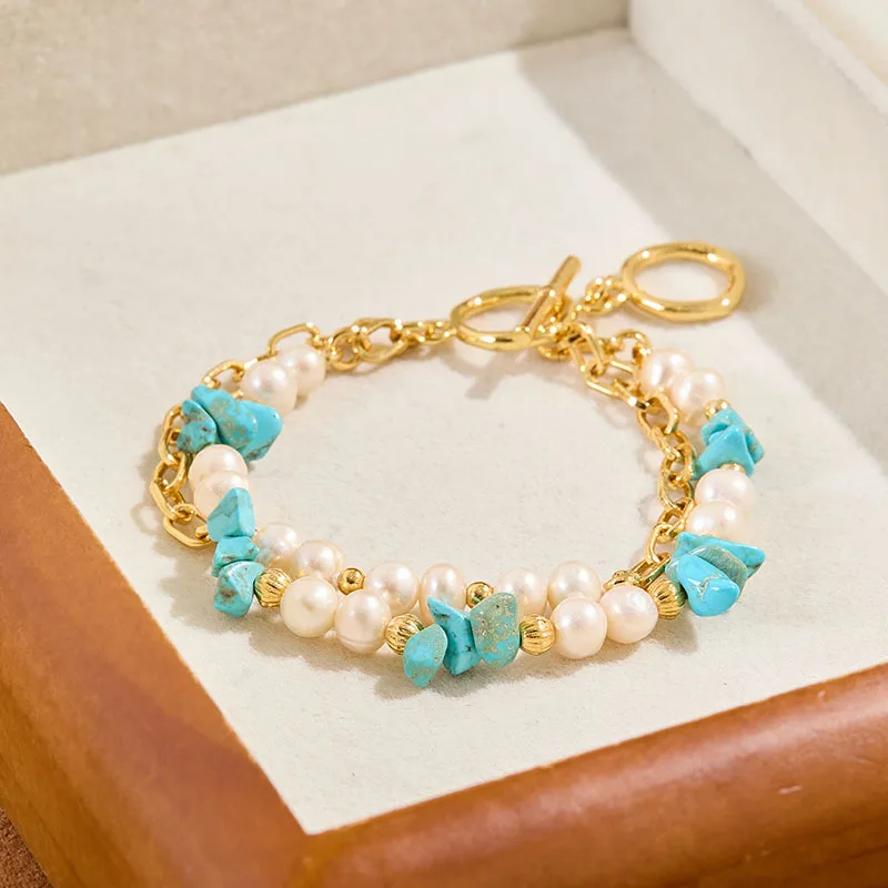 

Summer Holiday Beach Style Bohemia Blue Turquoise Stone Gravel Freshwater Pearl Double Layer Bracelet for Women Fashion Design