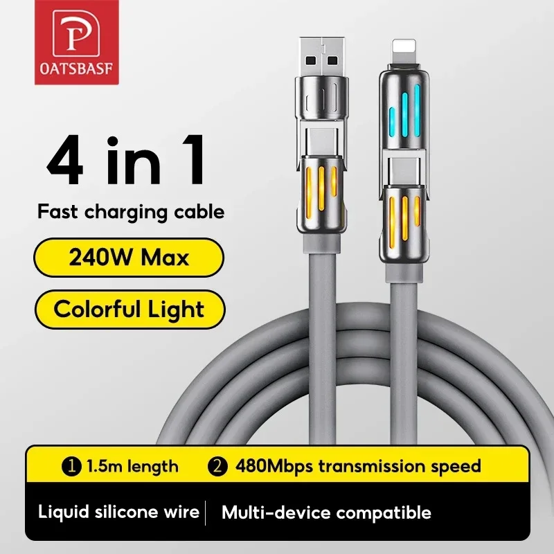 

Oatsbasf 4 in 1 240w Fast Cable for iPhone Charging Usb Type C Cable 480Mbps Data Transmission Cable with Colorful Light