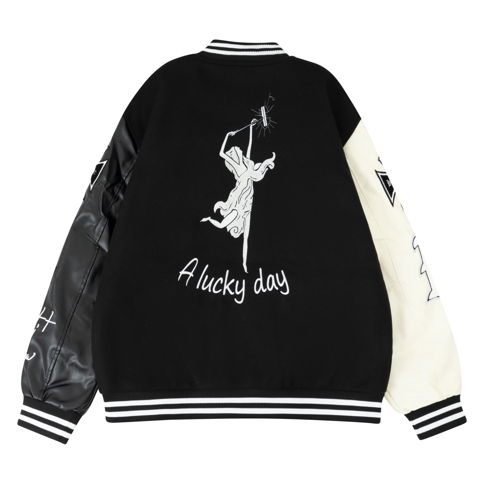Men\'s Plush Inner Bomber Jackets Loose Wool+Leather Varsity Baseball Coats Vintage Graphic Embroidery Jacket For Fall&Winter