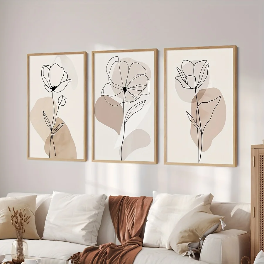 

Набор из 3-х цветочных принтов в богемном стиле, бежевый галерея, настенный декор, художественные постеры с полевыми цветами, абстрактные линии принтов, минималистский стиль