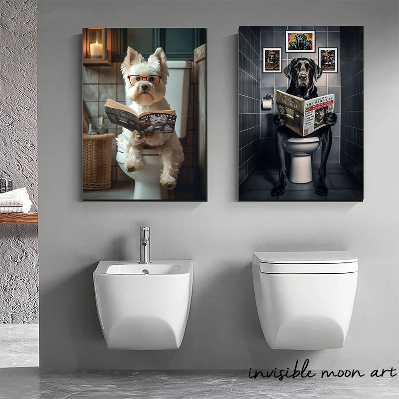 Funny Bathroom Animal Toilet Shepherd Raccoon Gorilla Reading A Book Art Poster Canvas Painting Wall Prints Picture Home Decor