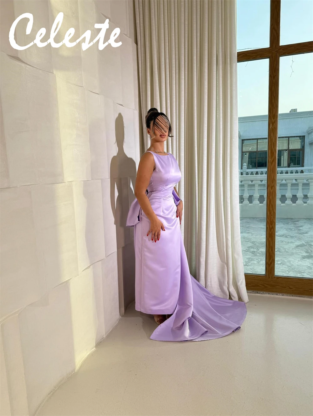 

Customized Temperament Purple Satin Evening Dresses Fashion O-Neck Sleeveless Homecoming Dresses Backless Open Back Prom Dress