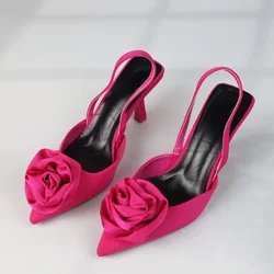 High Heeled Elegant Woman Sandals Sweet Rose Closed Toe 2024 Summer Footwear Pointed Fashion Slingbacks Dress Ladies Shoes