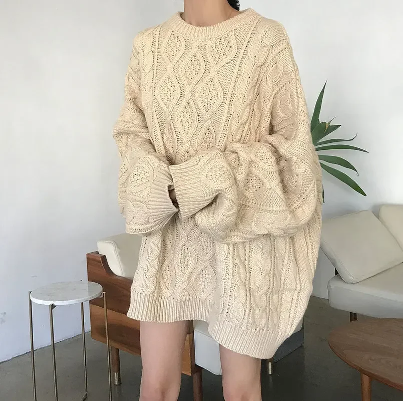 Autumn Winter Solid Oversize Sweater Elegant Casual Knit Sweater Women Pullover Plus Size 3XL Tops Jumper Sweater