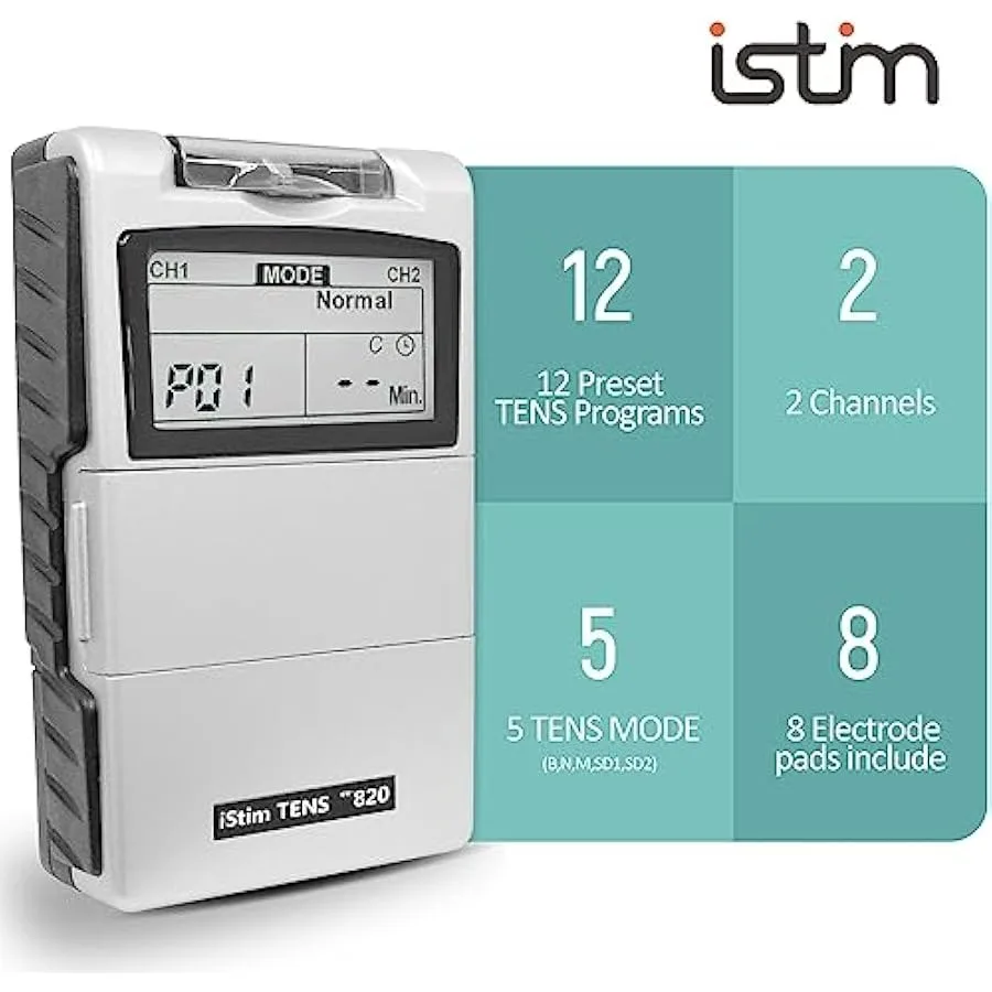 iStim Tens 유닛 자극기 - EV820 (8개 전극 포함) 일본산 젤, 통증 관리, 허리 통증 및 재활용