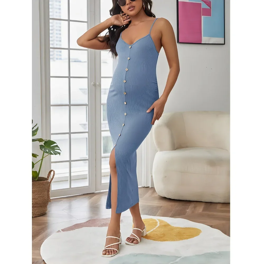 European and American Fashion Sexy Hem Slit Pregnant Button Camisole Dress Summer Hot Slim A Line Sling Dress 24ss Y2k Pregnancy