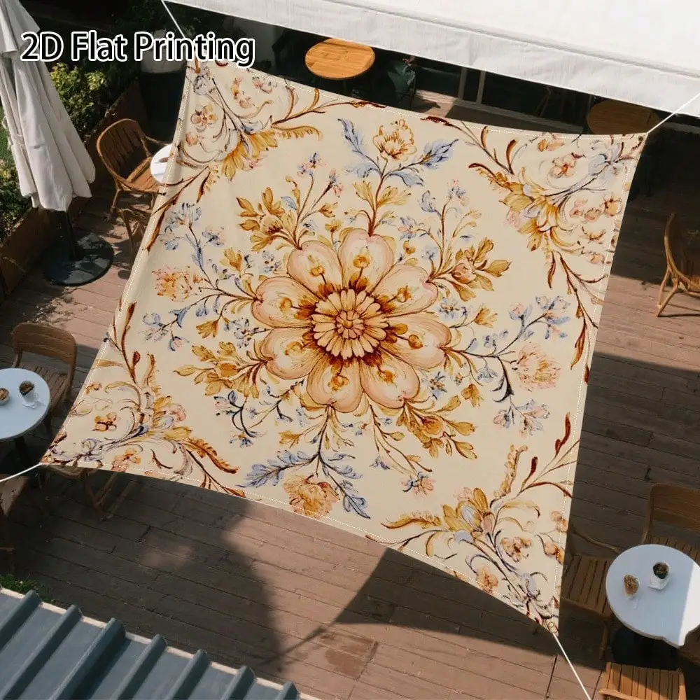 

1pc 2D Flat Vintage Floral Art Sun Shelter, Easy To Store & Install, Four-Season Garden Cover, Beach & Poolside Compatible, Outdoor Sunshade Canopy, Fixing Ropes Included, Polyester Fiber