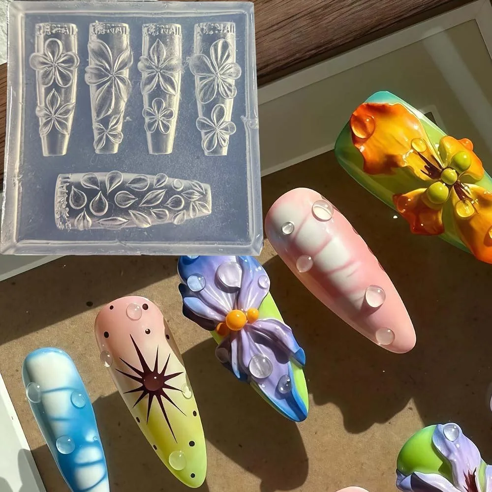 DIY Silicone Mold for Nail Art Decorations -Lily Flowers Knot Snowflake Chain Cherry 3D Transparent Carving Molds for Manicure