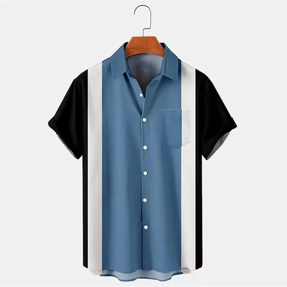 

Men Shirt Men's Summer Resort Wear Single-breasted Cardigan with Turn-down Collar Short Sleeves Loose Fit Color Matching for A